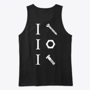 Funny Hardware Pun Mechanic T-Shirt 8 Flat lay of a black tank top's back showing the funny mechanic shirt design with cheeky hardware wordplay symbols.