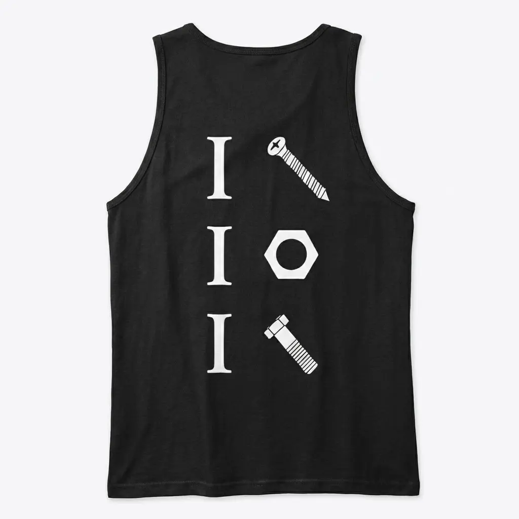 Flat lay of a black tank top's back showing the funny mechanic shirt design with cheeky hardware wordplay symbols.