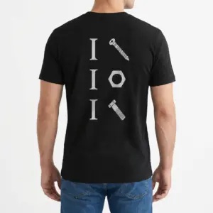 Funny Hardware Pun Mechanic T-Shirt 9 Back view of a man wearing the black funny mechanic shirt, highlighting the white screw, nut, and bolt graphics on the fabric.