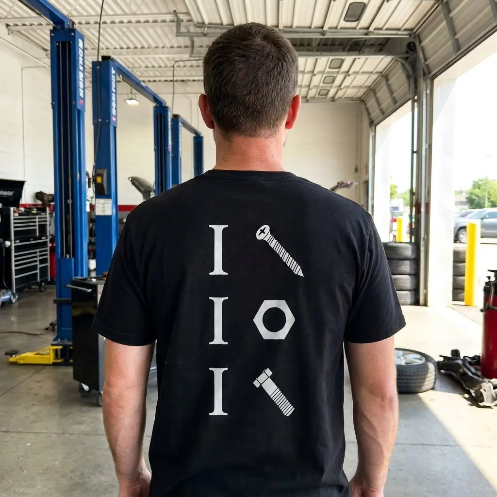 A man wearing the black funny mechanic shirt in a casual setting, showcasing the suggestive hardware pun graphic printed on the back.