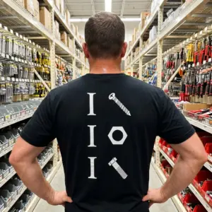 Funny Hardware Pun Mechanic T-Shirt 11 Rear view of the black funny mechanic t-shirt, emphasizing the playful screw, nut, and bolt symbols on the back.