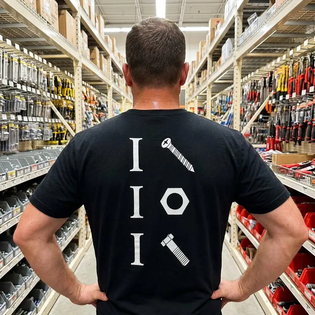 Rear view of the black funny mechanic t-shirt, emphasizing the playful screw, nut, and bolt symbols on the back.