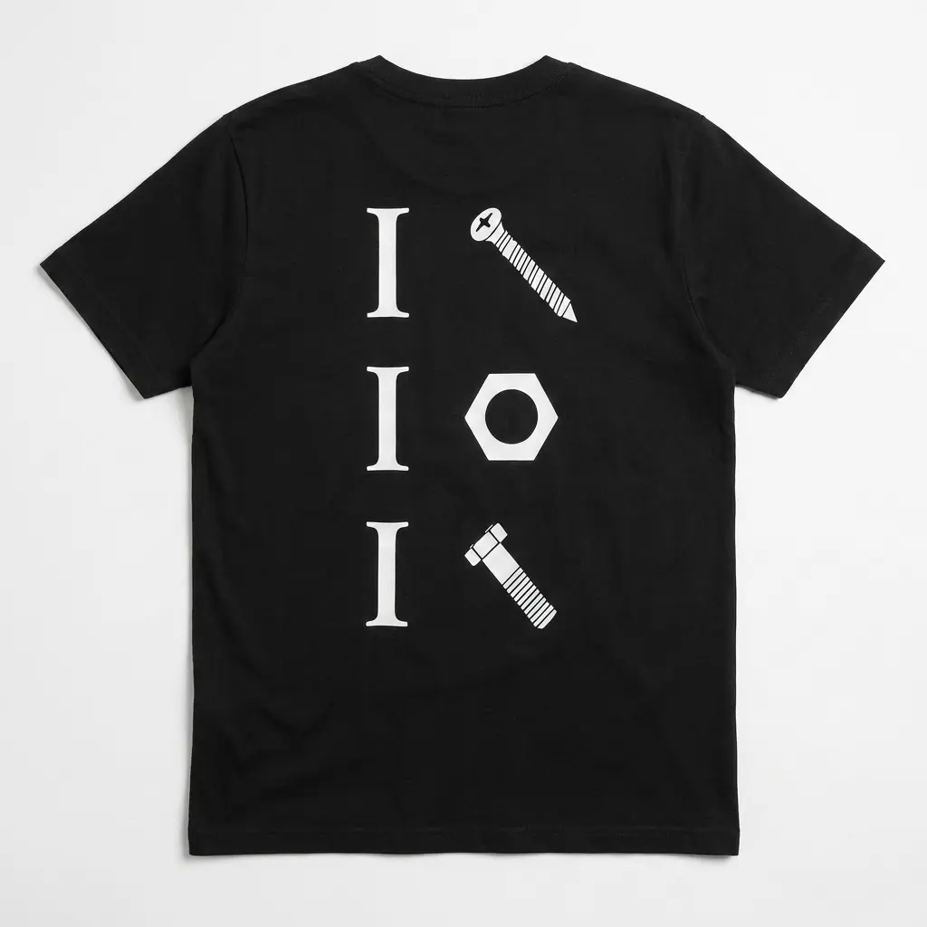 Flat lay of the back of a black t-shirt featuring a funny mechanic shirt design with white graphics of a screw, nut, and bolt.