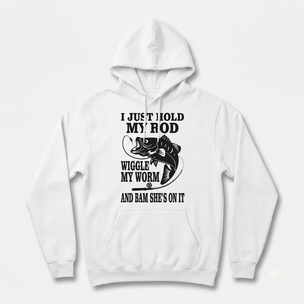 Funny 'Hold My Rod Wiggle My Worm' Fishing T-Shirt 2 White T-shirt showcasing a funny fishing-themed design.