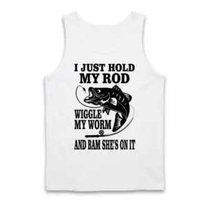 Funny 'Hold My Rod Wiggle My Worm' Fishing T-Shirt 8 Graphic T-shirt reading 'Hold My Rod Wiggle My Worm' with fish illustration.