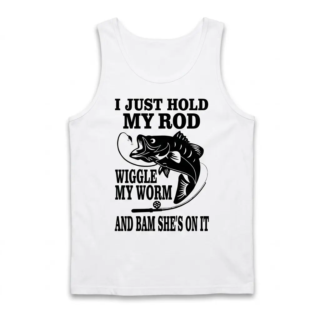 Funny 'Hold My Rod Wiggle My Worm' Fishing T-Shirt 3 Graphic T-shirt reading 'Hold My Rod Wiggle My Worm' with fish illustration.