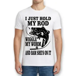 Funny 'Hold My Rod Wiggle My Worm' Fishing T-Shirt 9 Humorous fishing shirt with a bold graphic and fun text design.