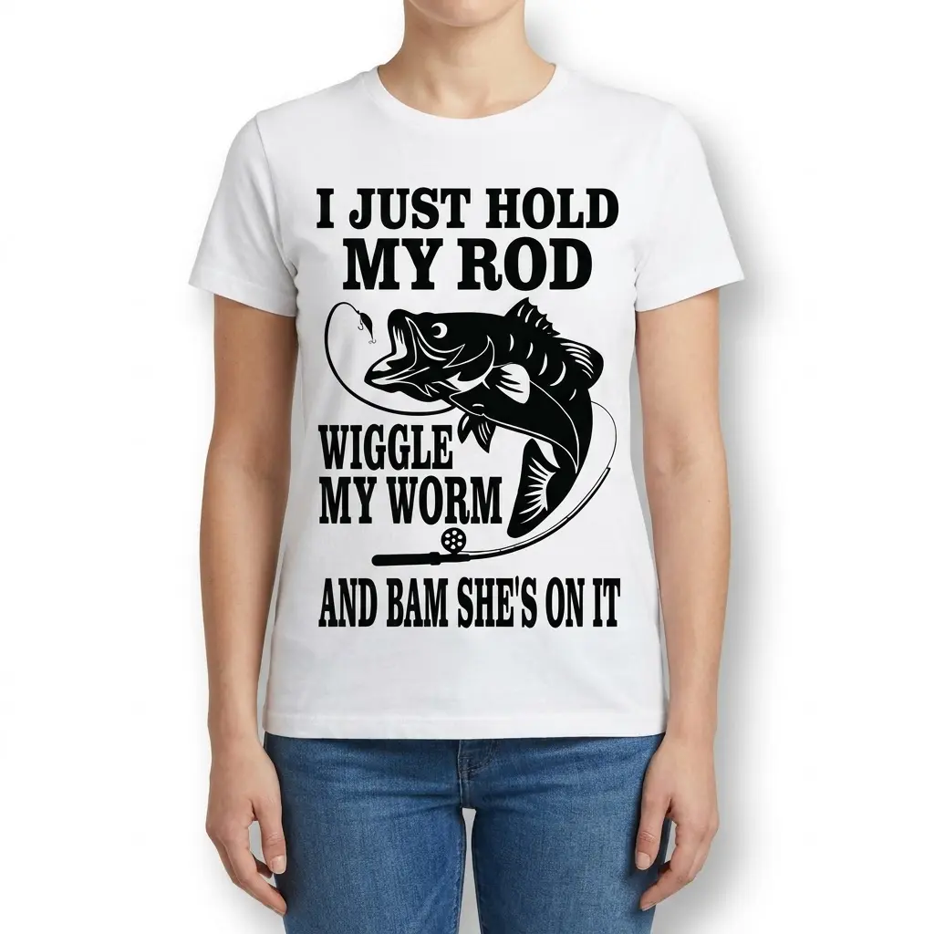 Funny 'Hold My Rod Wiggle My Worm' Fishing T-Shirt 5 Fishing-themed humor T-shirt saying 'Hold My Rod Wiggle My Worm'.
