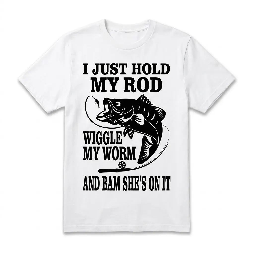 Funny 'Hold My Rod Wiggle My Worm' Fishing T-Shirt 1 White T-shirt with humorous 'Hold My Rod Wiggle My Worm' fishing graphic.