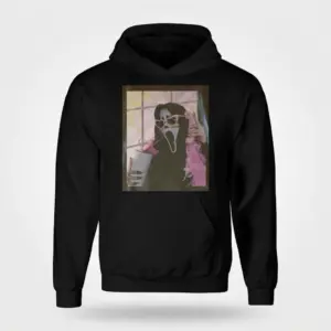 Funny Horror Mask T-Shirt with Cute Twist 7 Flat lay of a hoodie displaying a cute horror mask design.