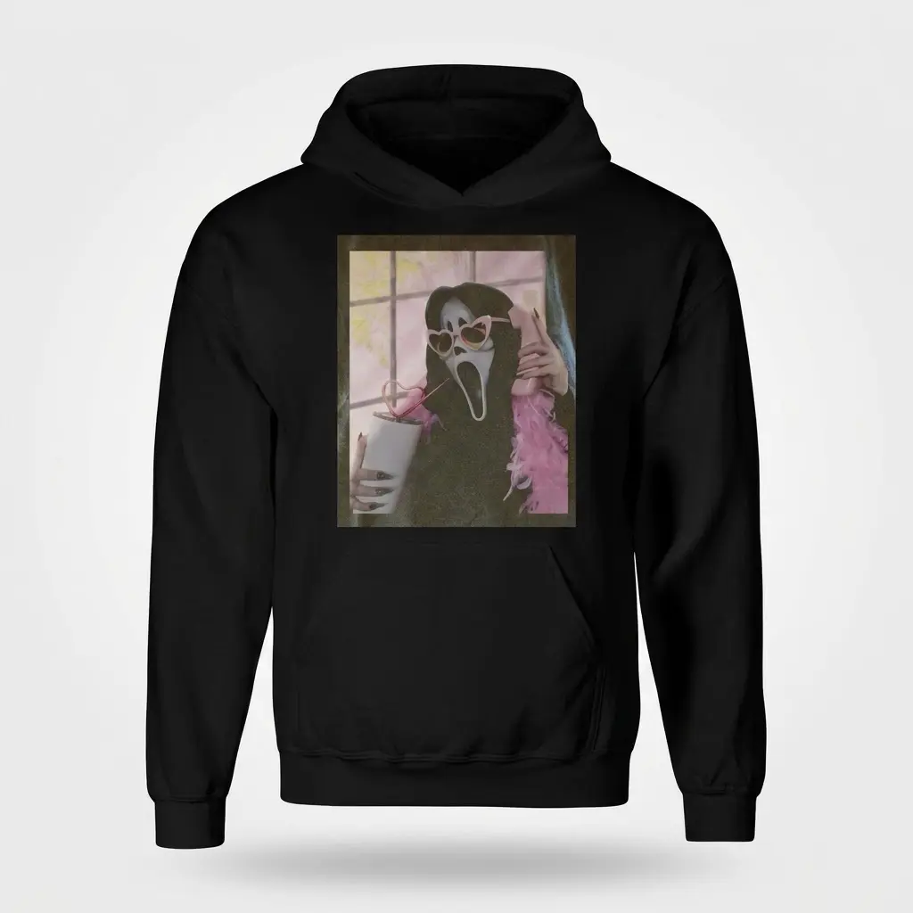 Flat lay of a hoodie displaying a cute horror mask design.