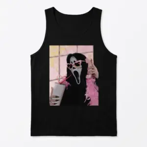 Funny Horror Mask T-Shirt with Cute Twist 8 Flat lay of a tank top showcasing a playful horror mask print.