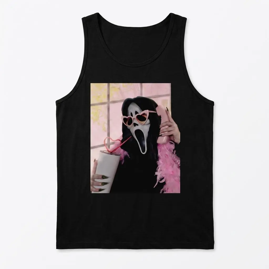 Flat lay of a tank top showcasing a playful horror mask print.