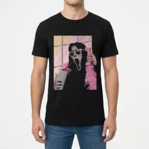 Funny Horror Mask T-Shirt with Cute Twist 9 Model wearing a t-shirt with a playful horror mask design.