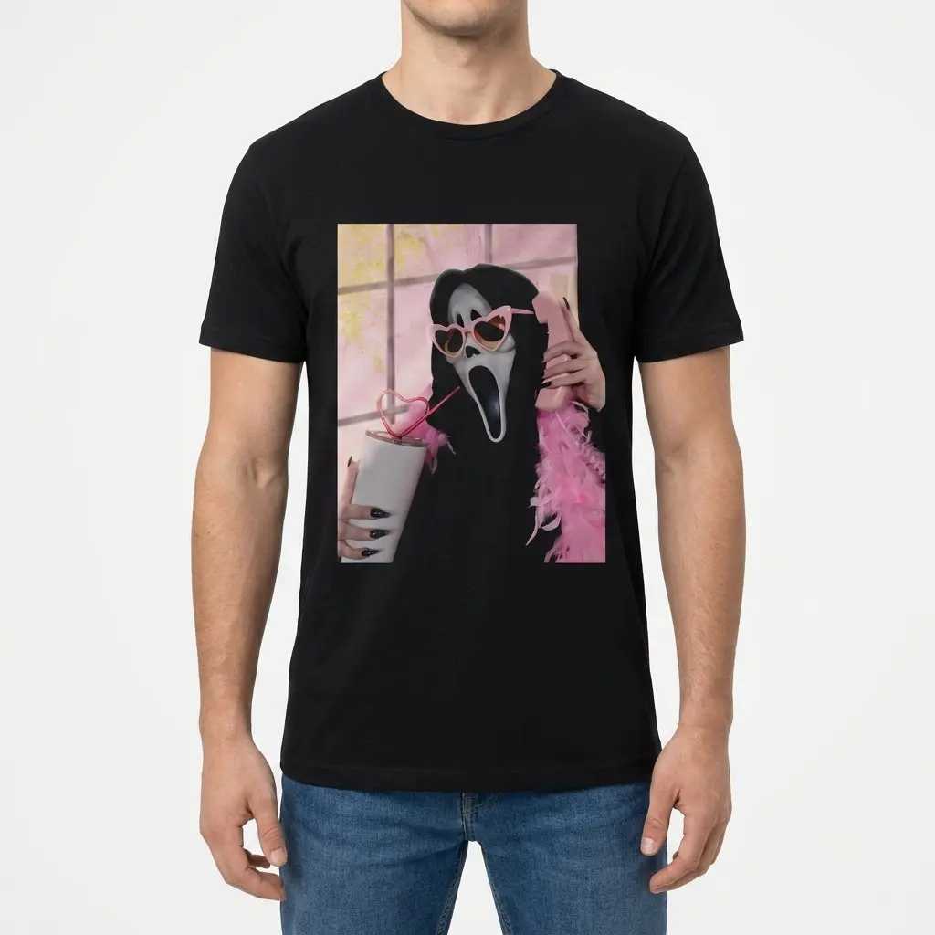 Model wearing a t-shirt with a playful horror mask design.