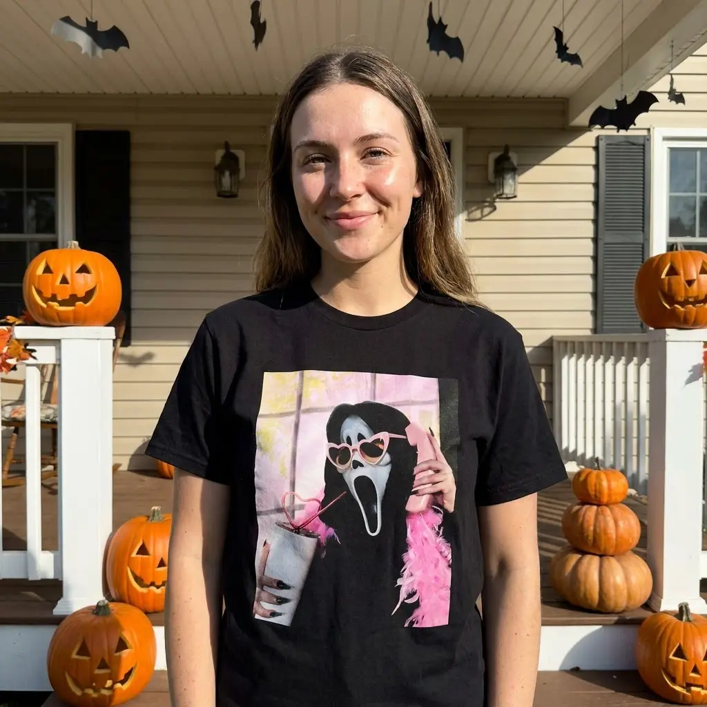 Person in a casual setting wearing a funny horror mask t-shirt.