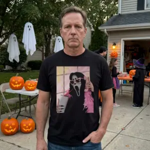 Funny Horror Mask T-Shirt with Cute Twist 11 Individual enjoying outdoors in a cute horror mask t-shirt.