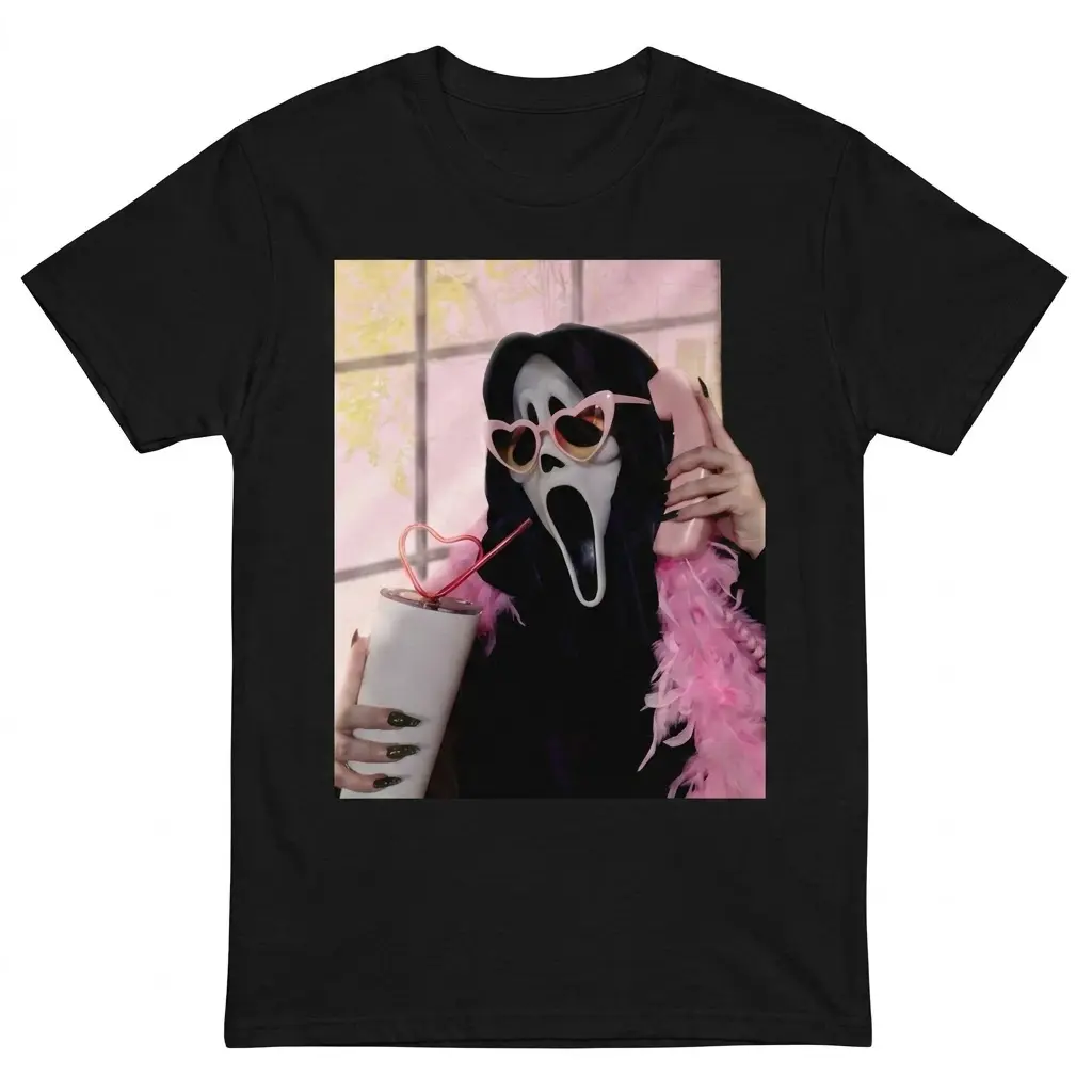 Flat lay of a t-shirt featuring a funny horror mask with sunglasses.
