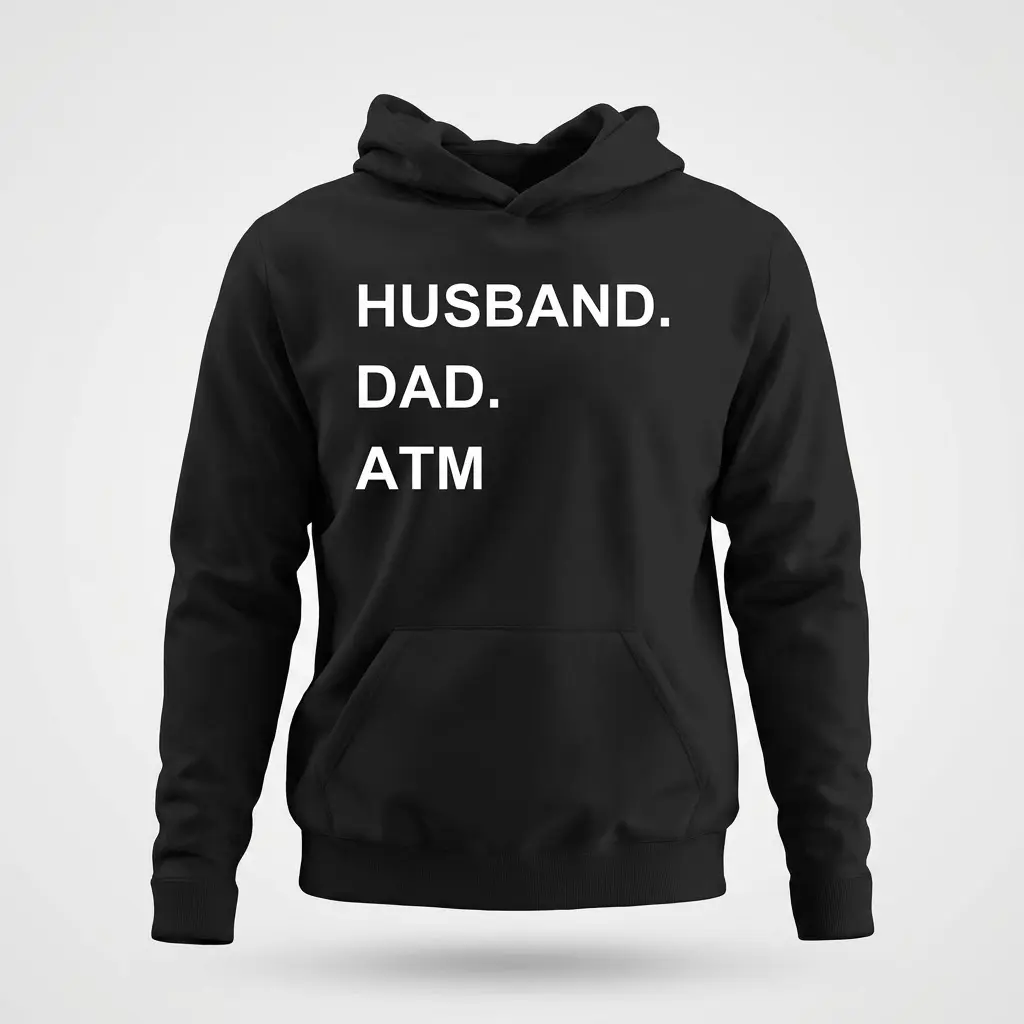 Funny Husband Dad ATM Graphic T-Shirt 2 Front flat lay of a black hoodie featuring the humorous white text 'HUSBAND. DAD. ATM' across the chest.