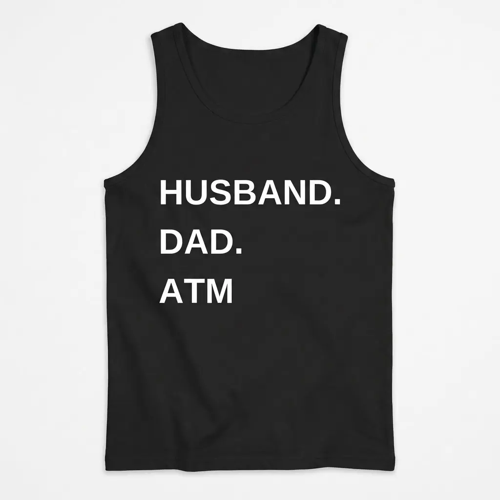 Funny Husband Dad ATM Graphic T-Shirt 3 Black tank top laid flat displaying the funny graphic text 'HUSBAND. DAD. ATM' on the front.