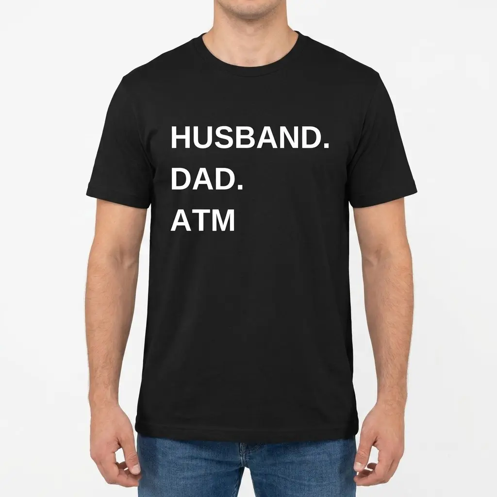 Funny Husband Dad ATM Graphic T-Shirt 4 Front view of a man modeling the black t-shirt printed with 'HUSBAND. DAD. ATM'.