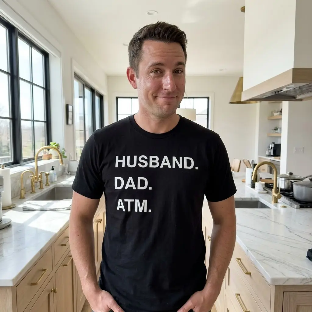 Funny Husband Dad ATM Graphic T-Shirt 5 Lifestyle shot of the 'HUSBAND. DAD. ATM' graphic t-shirt worn in an everyday setting.