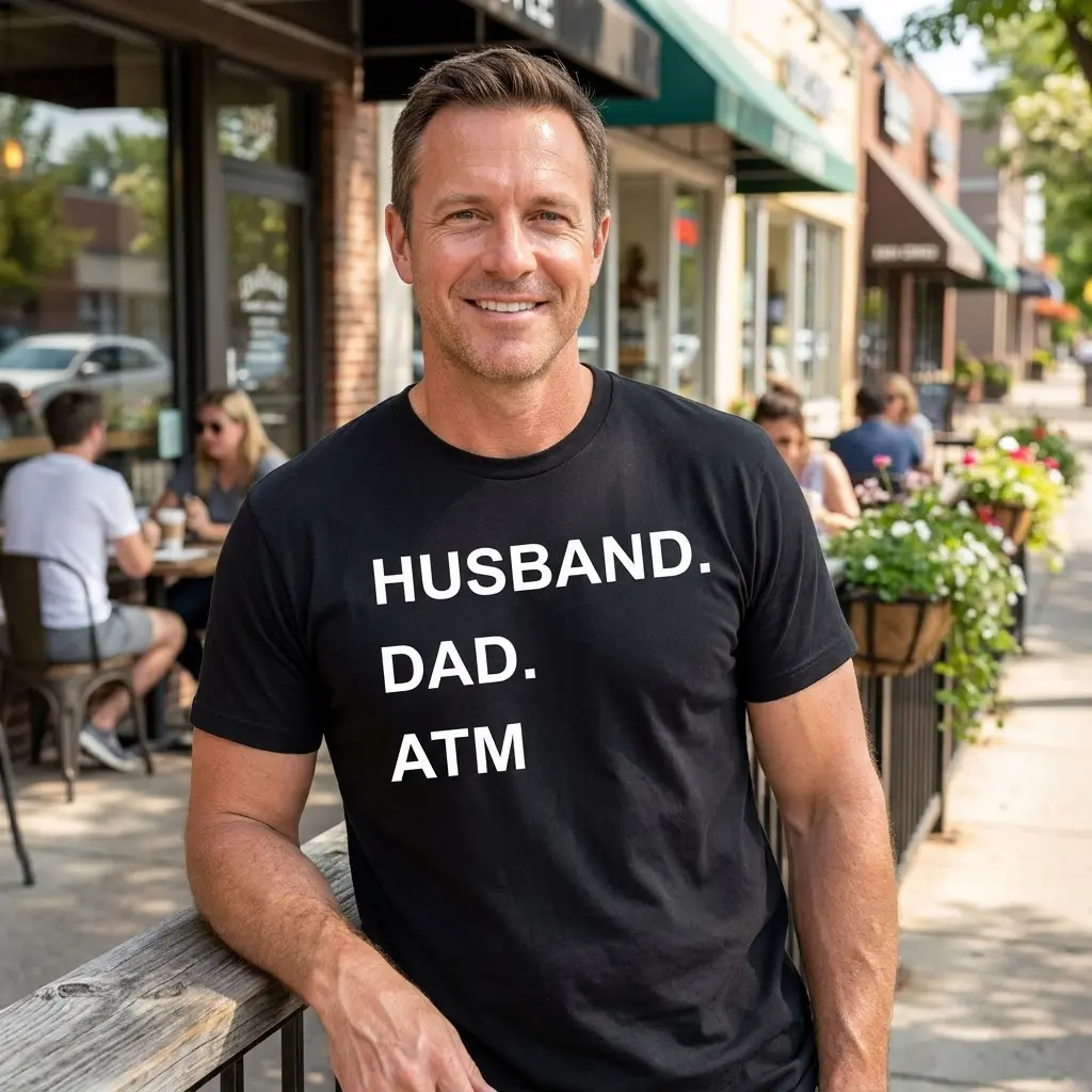 Funny Husband Dad ATM Graphic T-Shirt 6 Casual lifestyle view featuring the 'HUSBAND. DAD. ATM' text shirt.