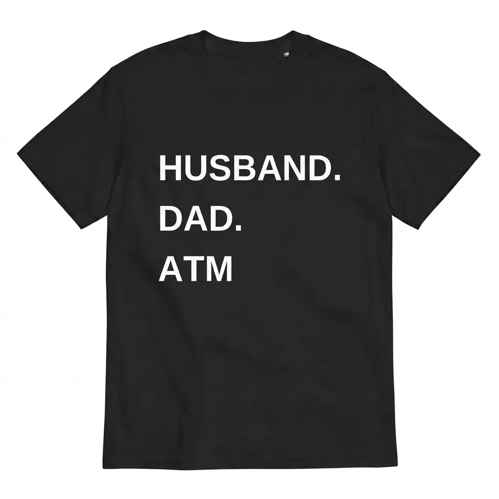 Funny Husband Dad ATM Graphic T-Shirt 1 Flat lay front view of a black t-shirt printed with bold white text reading 'HUSBAND. DAD. ATM'.