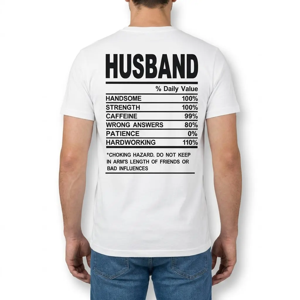 Funny Husband Nutrition Facts T-Shirt 4 Back view of a man wearing the husband nutrition facts graphic shirt.