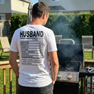 Funny Husband Nutrition Facts T-Shirt 10 Lifestyle view showcasing the funny husband nutrition facts design on apparel.