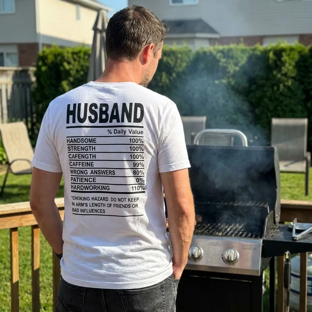 Funny Husband Nutrition Facts T-Shirt 5 Lifestyle view showcasing the funny husband nutrition facts design on apparel.