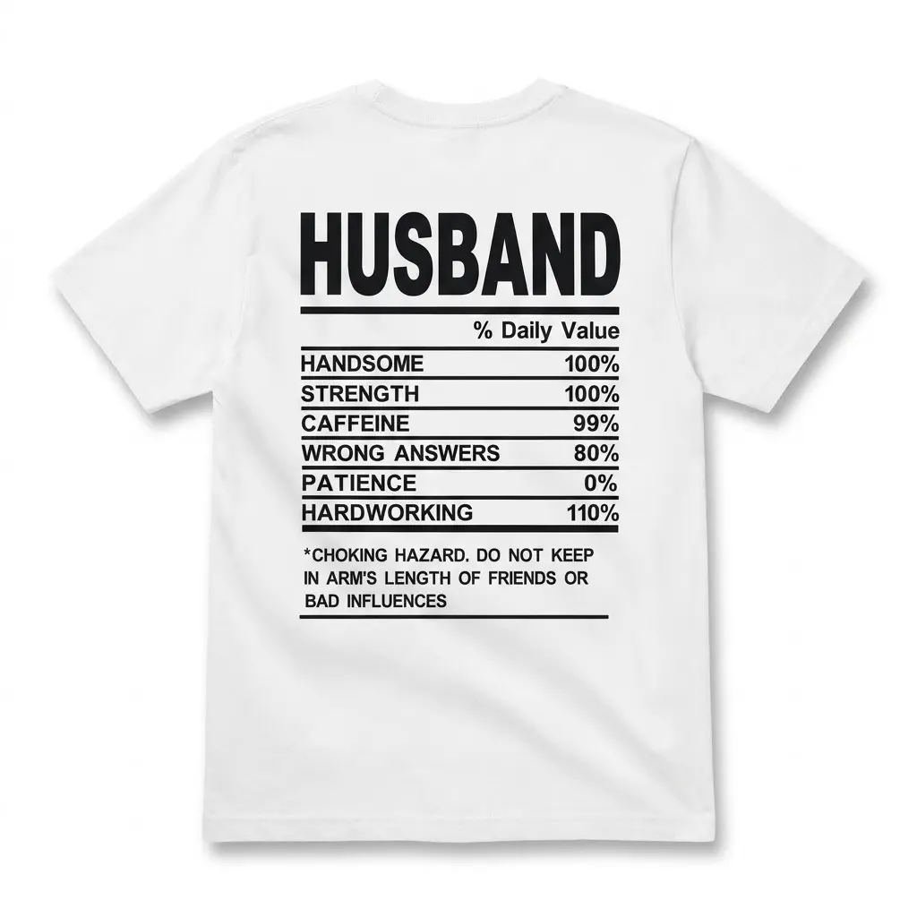 Funny Husband Nutrition Facts T-Shirt 1 Back view of a white t-shirt featuring a funny husband nutrition facts label graphic.