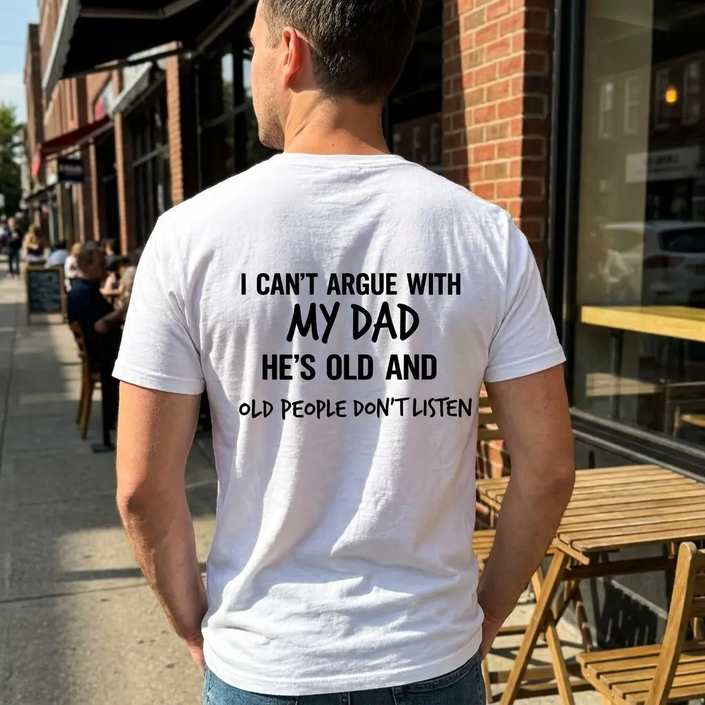 Funny I Can't Argue With My Dad T-Shirt 6 Casual lifestyle setting highlighting the humorous text design about arguing with dad.