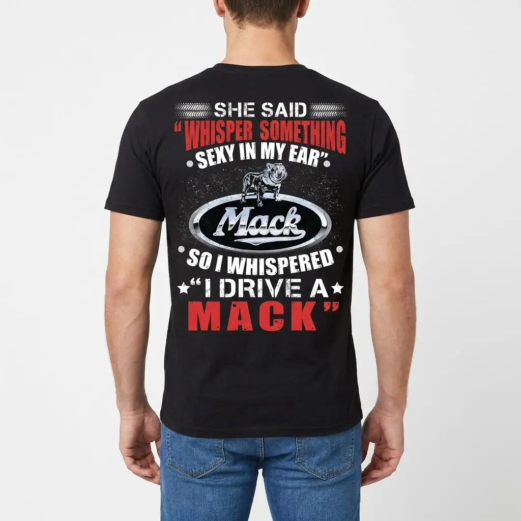 Funny "I Drive A Mack" Trucker T-Shirt 4 Rear view of a man wearing a black "I Drive A Mack" t-shirt, featuring the humorous trucker design and logo.
