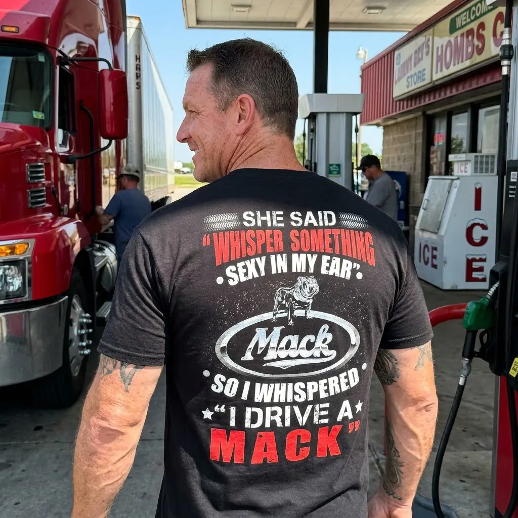 Funny "I Drive A Mack" Trucker T-Shirt 5 Black t-shirt showcasing the "I Drive A Mack" joke design, perfect for truckers and diesel enthusiasts.