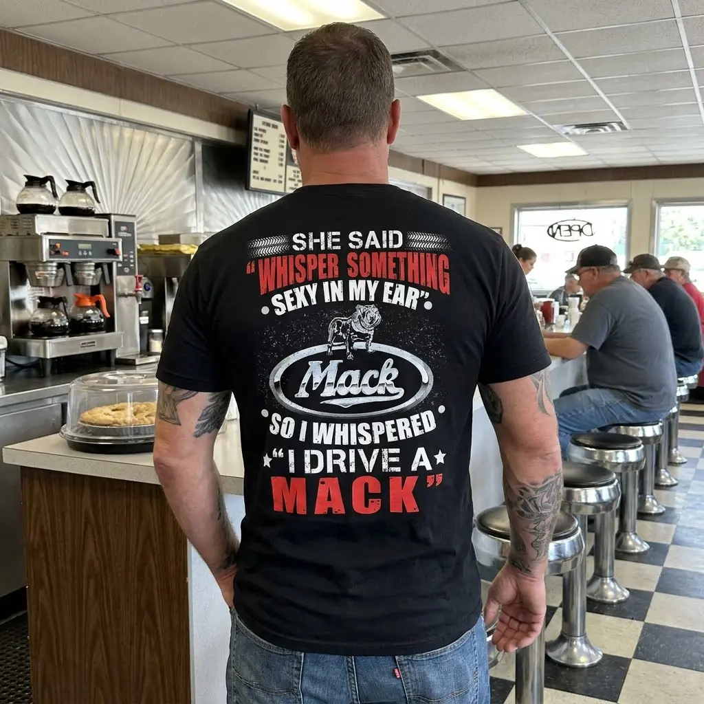 Funny "I Drive A Mack" Trucker T-Shirt 6 Humorous black Mack Trucker T-shirt featuring the bold bulldog logo and "I Drive A Mack" text, suitable for everyday wear.