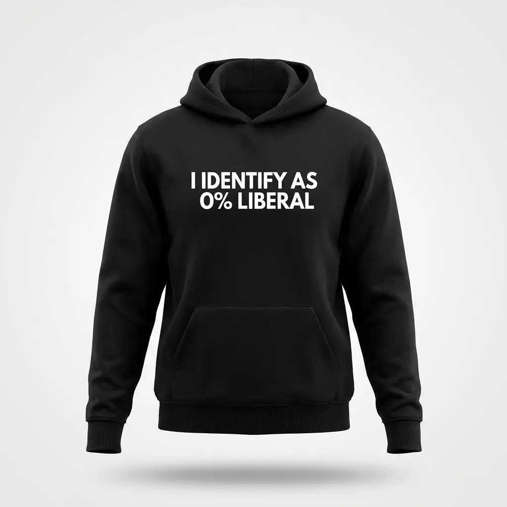 Funny I Identify As 0 Percent Liberal T-Shirt 2 Front flat lay of a hoodie printed with the bold white text I IDENTIFY AS 0% LIBERAL.