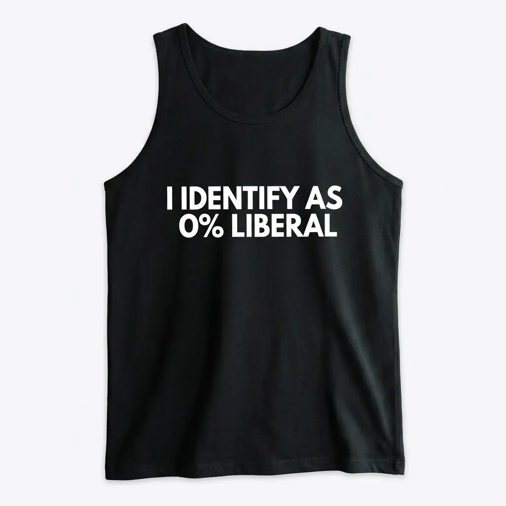 Funny I Identify As 0 Percent Liberal T-Shirt 3 Front view flat lay of a tank top with white text stating I IDENTIFY AS 0% LIBERAL.