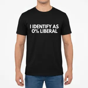 Funny I Identify As 0 Percent Liberal T-Shirt 9 Male model wearing the black t-shirt featuring the white text I IDENTIFY AS 0% LIBERAL.