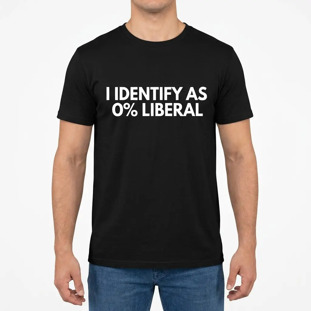 Funny I Identify As 0 Percent Liberal T-Shirt 4 Male model wearing the black t-shirt featuring the white text I IDENTIFY AS 0% LIBERAL.