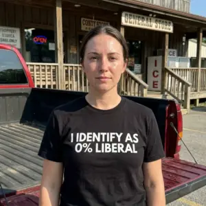 Funny I Identify As 0 Percent Liberal T-Shirt 11 Casual lifestyle view highlighting the I IDENTIFY AS 0% LIBERAL graphic apparel design.
