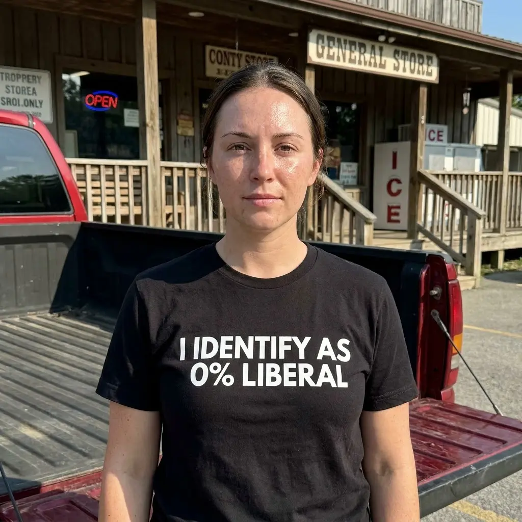 Funny I Identify As 0 Percent Liberal T-Shirt 6 Casual lifestyle view highlighting the I IDENTIFY AS 0% LIBERAL graphic apparel design.