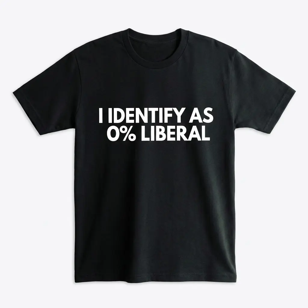 Funny I Identify As 0 Percent Liberal T-Shirt 1 Black t-shirt flat lay featuring white text that reads I IDENTIFY AS 0% LIBERAL across the chest.