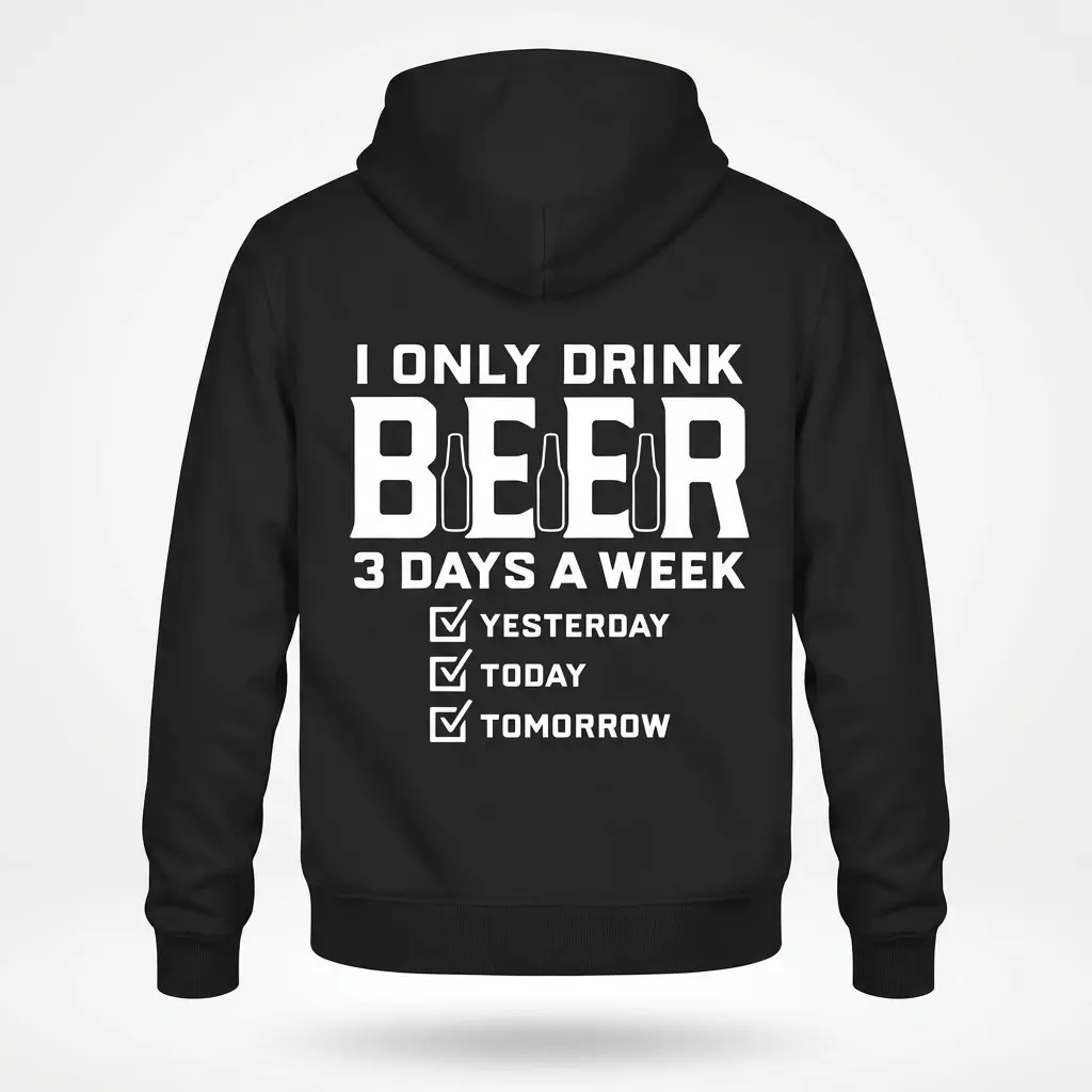 Funny I Only Drink Beer 3 Days a Week T-Shirt 2 Back flatlay of a white hoodie featuring a funny beer drinking slogan about three days a week.