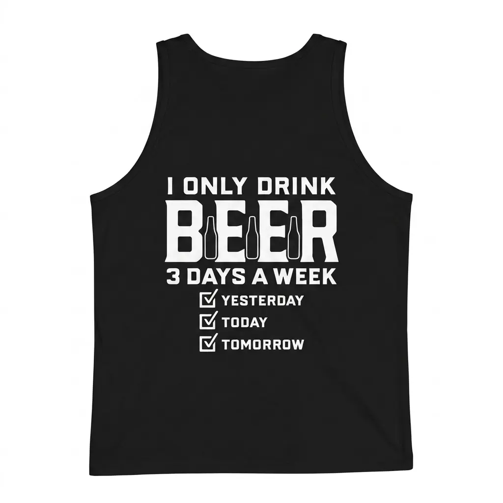 Funny I Only Drink Beer 3 Days a Week T-Shirt 3 Back flatlay of a white tank top with a humorous printed quote about only drinking beer three days a week.