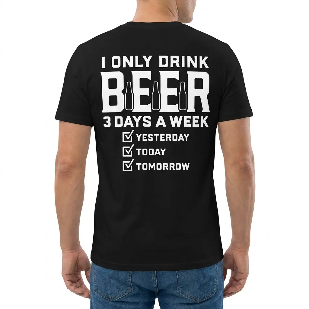 Funny I Only Drink Beer 3 Days a Week T-Shirt 4 Man wearing a white t-shirt showing the back with a funny beer drinking humor graphic and quote.