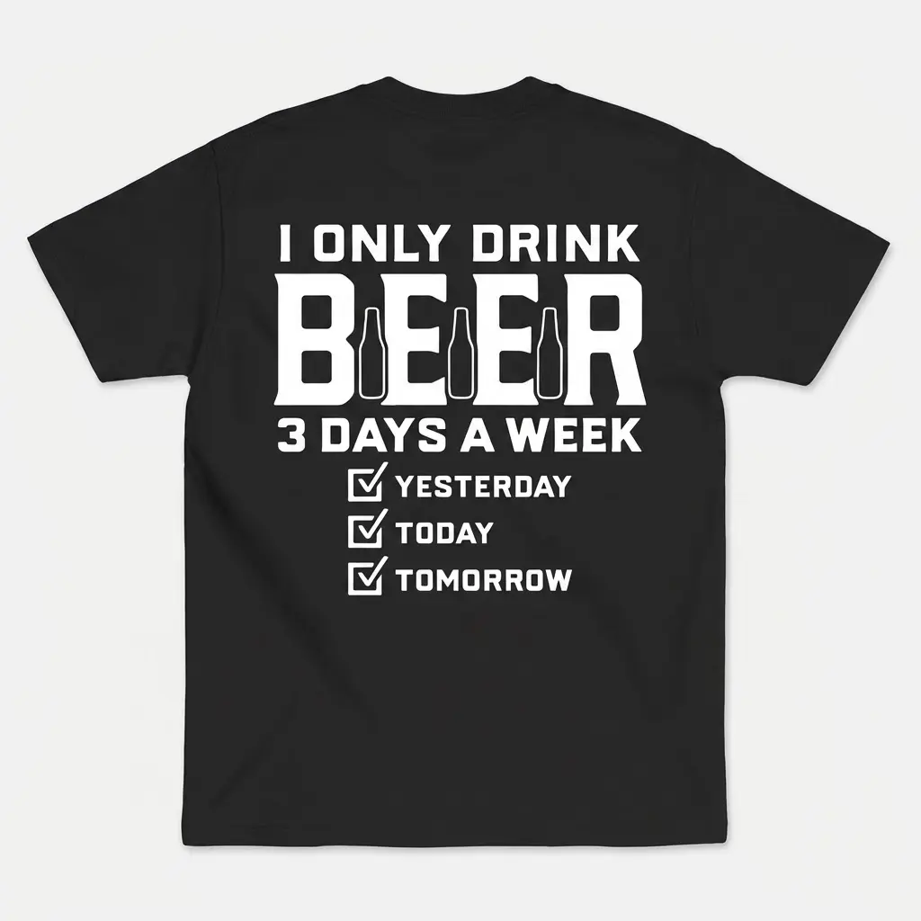 Funny I Only Drink Beer 3 Days a Week T-Shirt 1 Back flatlay of a white t-shirt printed with a humorous beer quote about drinking yesterday, today, and tomorrow.