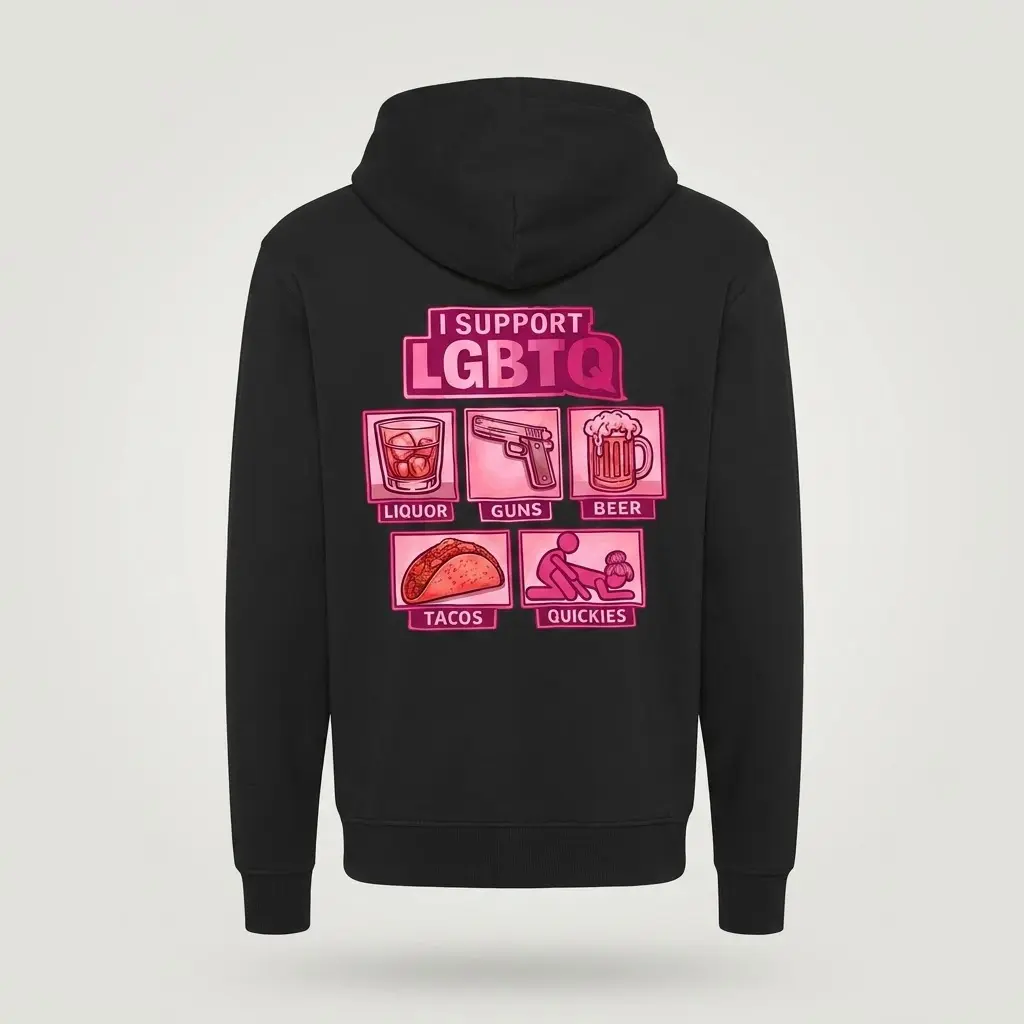 Funny I Support LGBTQ Parody Graphic T-Shirt 2 Back flat lay of a hoodie printed with the humorous pink LGBTQ acronym parody graphic.