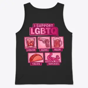 Funny I Support LGBTQ Parody Graphic T-Shirt 8 Back view of a tank top flat lay displaying the satirical pink LGBTQ vice-themed graphic.