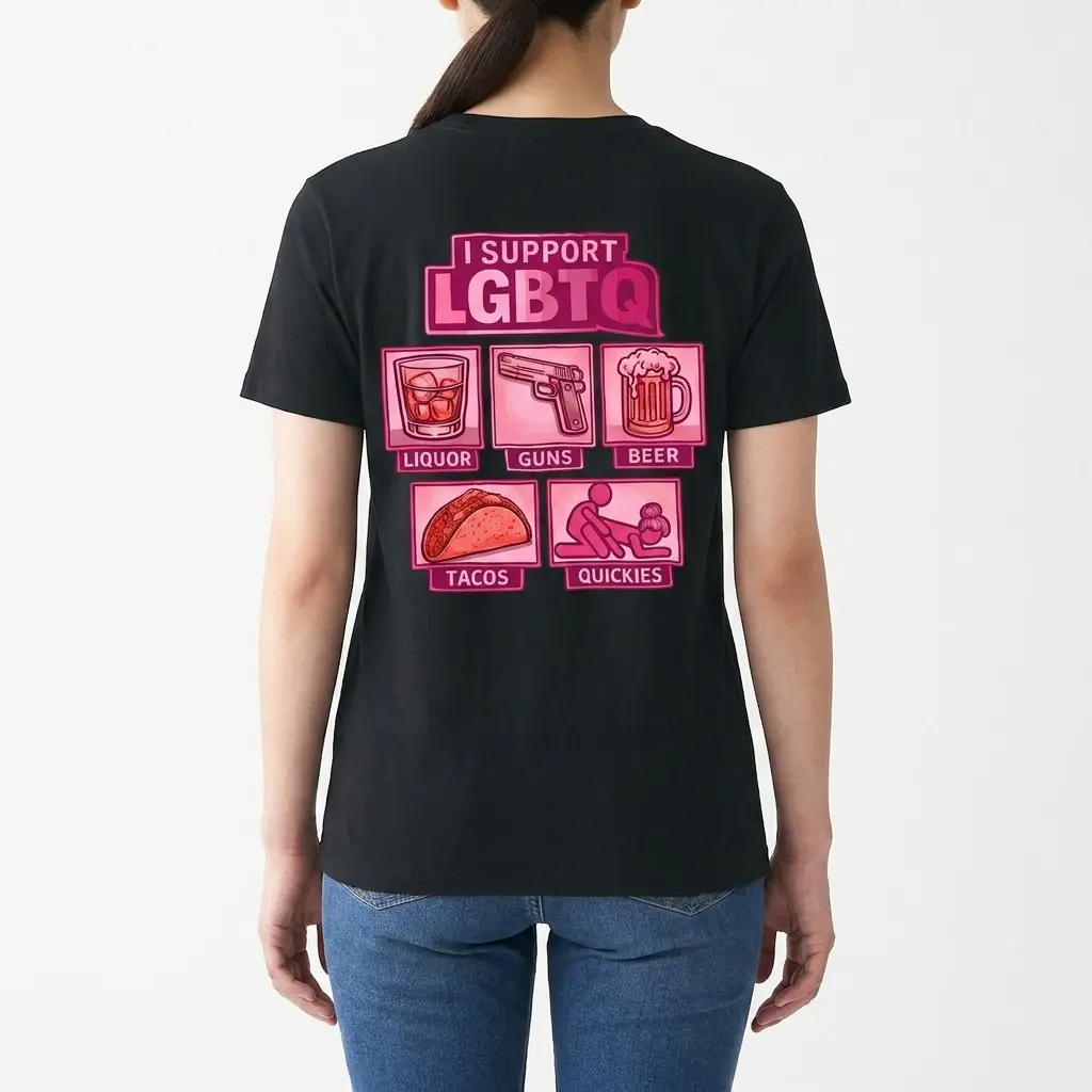 Funny I Support LGBTQ Parody Graphic T-Shirt 4 Rear view of a woman wearing the black shirt featuring the pink parody LGBTQ acronym design on the back.